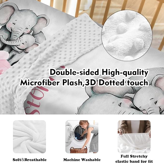 Personalized Baby Crib Bedding Set for Baby Girls, Pink Flower Elephant Design Custom Name Baby Crib Sets 5-Pcs, Toddler Double Layer Blanket Fitted Sheets Changing Pad Cover Rug Wall Art Set