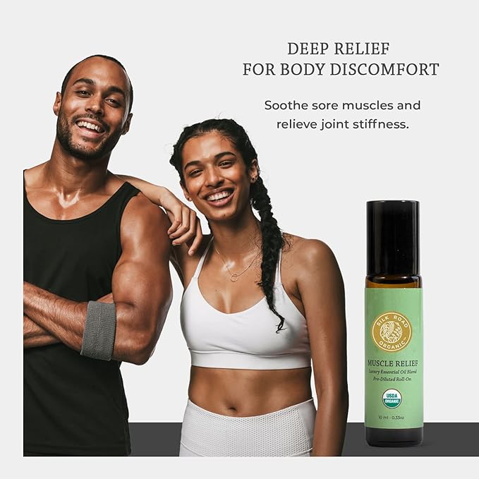 Silk Road Organic Muscle Relief Essential Oil Blend Roll On, 100% Pure USDA Certified Aromatherapy for Muscle Aches & Stiff Joints with Peppermint & Ginger - 10 ml Roller