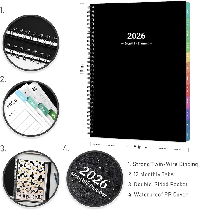 2026 Monthly Planner - 2026 Planner/Calendar, JAN 2026 - DEC 2026, Monthly Planners with Colorful Tabs, Planners for Daily Organizing - Waterproof Cover (8" x10", Notes Pages, Black)