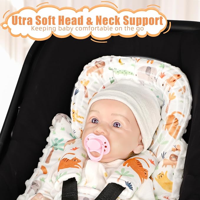 Infant Car Seat Insert, Soft Baby Car Seat Head & Body Support for Girl Boy, Reversible Newborn Preemie Carseat Insert Cushion with 3 Straps Pads Fits CarSeat, Stroller, Swing, Bouncer, Animals