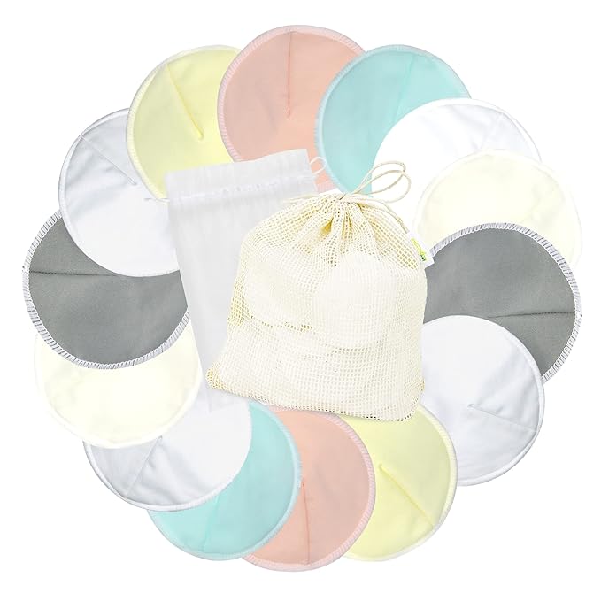wegreeco Nursing Breast Pads (14 Pack) + Laundry Bag & Travel Storage Bag, 4.7 inch Option - Washable & Reusable Breastfeeding Nursing Pads (Peaceful, Large, Contoured Shape)