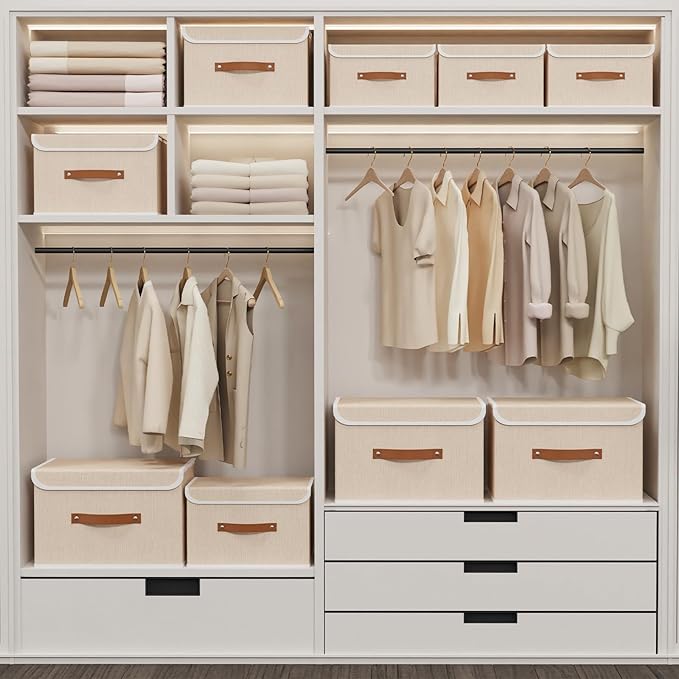 Yawinhe Collapsible Storage Boxes, Linen Fabric Baskets, Bin with lid and Leather Handle, Washable, for Home, Closet, Beige, 17.7''Lx11.8''Wx11.8''H, 1-Pack, USNK024BEX-1