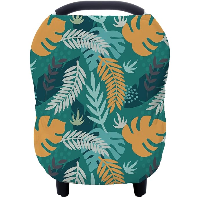 Carseat Cover Boy and Girls - Multi-use Nursing Car Seat Canopy Cover for Breastfeeding, Infant Stroller Cover, High Chair Cover (Green Leaves)