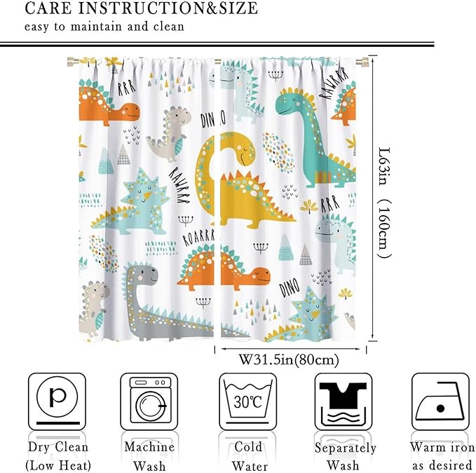Dinosaur Curtains for Kids Boys Girls Home Decor Childish Cute Dino Animals Print Pattern Rod Pocket Blackout Window Drapes for Nursery Baby Bedroom Playroom W31.5xL63in 2 Panels