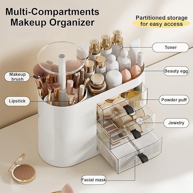DASITON Makeup Organizer with 3 Drawers,Automatic Lifting Makeup Brush Holder with Lid,Large Capacity Makeup Organizers for Vanity,Bathroom Countertop,Ideal Storage Skin Care,Brushes,Lipstick (White)