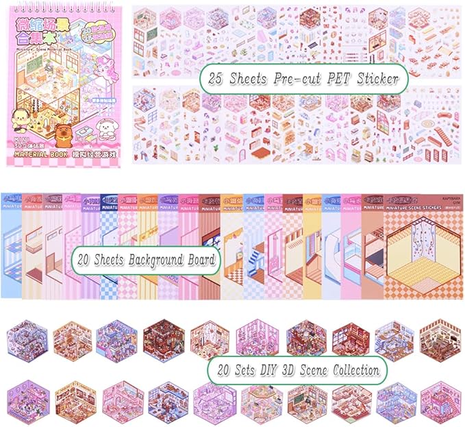 20 Sets DIY 3D Sticker Scenes for Adults with Tweezer, Kawaii 3D House Miniature Sticker Therapy, Make Your Own Mini Room Scene Collection Book for Adult Kids Relief Stress Pass The Time