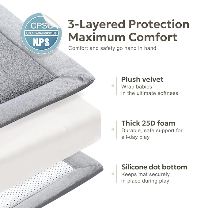 Ultra Soft 1.3" Thick Baby Play Mat for Floor, Large Velvet 71x59 Playpen Mat, Baby-Safe & Non-Slip Tummy Time Mat, Crawling Mat for Babies, Toddlers, Infants, Kids, Easy Care, Gray