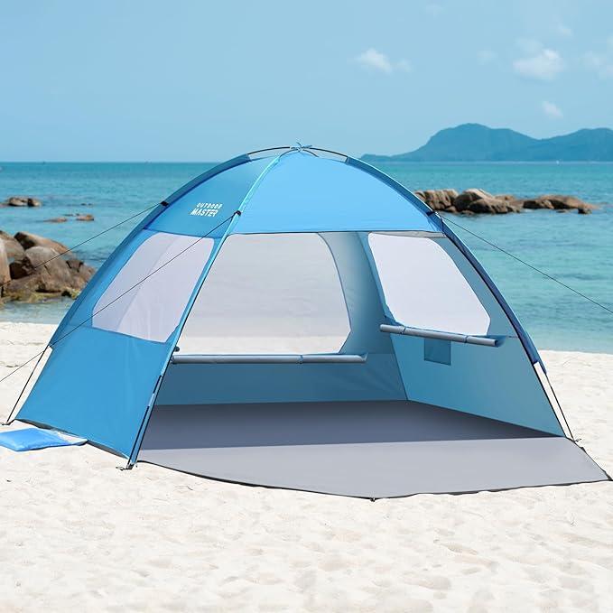OutdoorMaster Beach Tent for 3/4 Person - Easy Setup Sun Shade Shelter, Portable Beach Shade Sun Canopy with UPF 50+ UV Protection, Removable Skylight Family Size