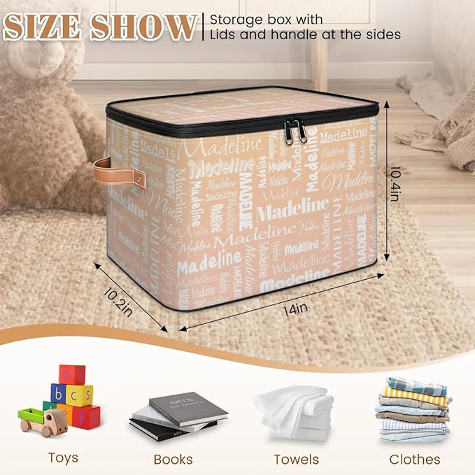 Custom Storage Basket with Name, Personalized Storage Bins with Zipper Lid, Foldable Fabric Storage Box Large capacity with Handle Apricot