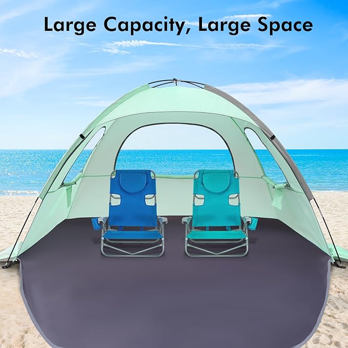 WhiteFang Beach Tent Anti-UV Portable Sun Shade Shelter for 3/4/6/8 Person, Extendable Floor with 3 Ventilating Mesh Windows Plus Carrying Bag, Stakes and Guy Lines