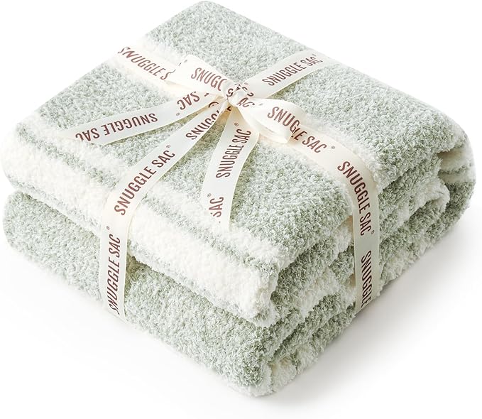Snuggle Sac Stripe Sage Green Blanket Twin Size, Reversible Super Soft Warm Bed Blankets, Cozy Knit Fuzzy Blanket for Bed,Sofa, Living Room, Stripe Green, 60"x80"
