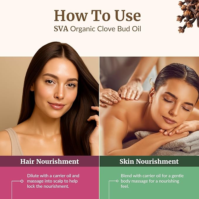 SVA Clove Essential Oil Organic – 4 Fl Oz – 100% Natural Organic Clove Oil - for Diffuser, Hair Care, Face, Skin Care, Aromatherapy, Scalp and Body Massage, Soap and Candle Making - with Dropper