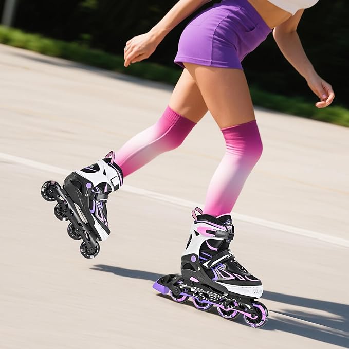 2PM SPORTS Vinal Girls Adjustable Flashing Inline Skates, All Wheels Light Up, Fun Illuminating Skates for Kids Men Adult Women and Boys