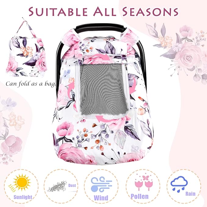 Floral Baby Carseat Cover Girls, Pea Pod Infant Car Seat Covers Canopy for Newborn with 2 Layers Windows of Breathable Mesh/Fabric, Lightweight Polyester/Minky Dot Backing, Snug Fit Most Baby Car Seat