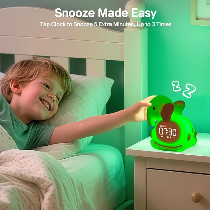 Alarm Clock for Kids with Night Light, Sleep Training Clock Time to Wake Clock, Rechargeable Silicone Light for Bedroom, Perfect Sleep Companion for Boys Girls, Pink Elephant