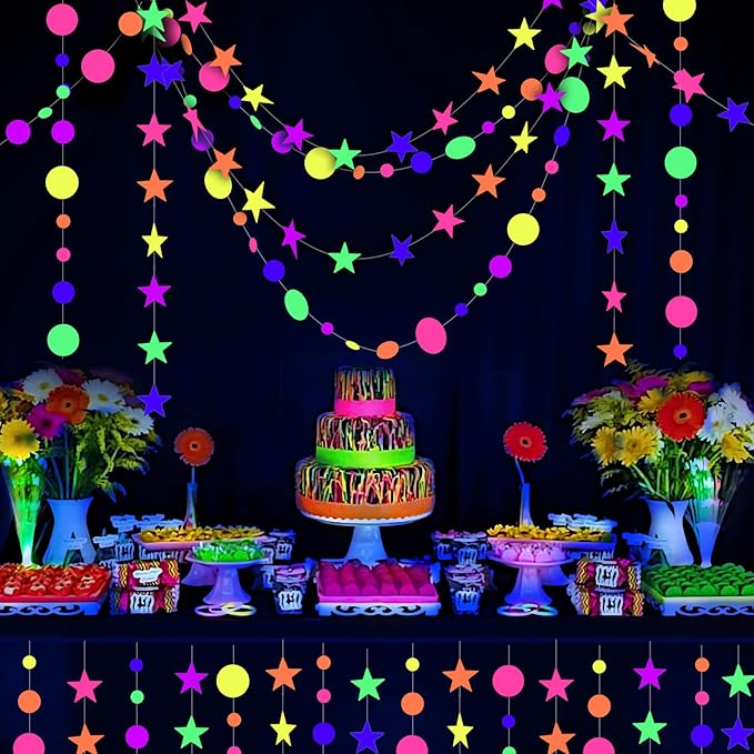 108feet UV Round Dot Star Kit Neon Paper Garland Glow in The Dark Party Favors Streamers Banner for Black Party Supplies UV Reactive Circle Dot Star Garland Wedding Birthday Glow Party Supplies…