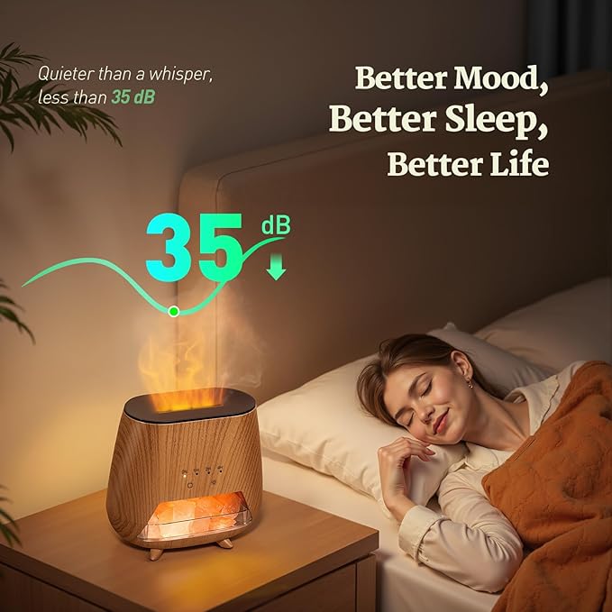Essential Oil Diffuser for Home: 200ml Aromatherapy Diffuser with Himalayan Pink Salt Rock, Cool Mist Humidifier with Auto Off Function and 9 Colors LED Night Light for Bedroom
