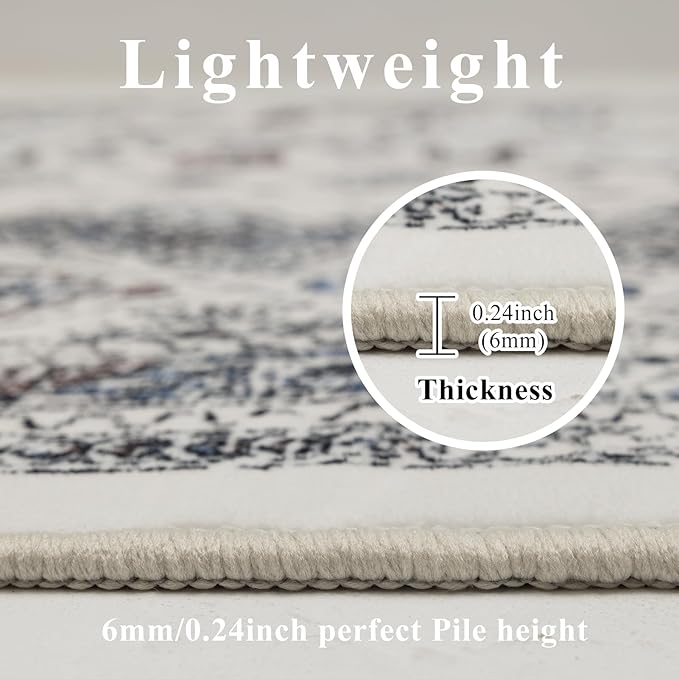 4x6 Washable Area Rug for Living Room, Carpet for Bedroom, Soft Faux Wool Retro Dining Room Rug, Non Slip&Non-Shedding Resistant Low Pile Vintage Print Rug for Home Office (White Cream/Gray)