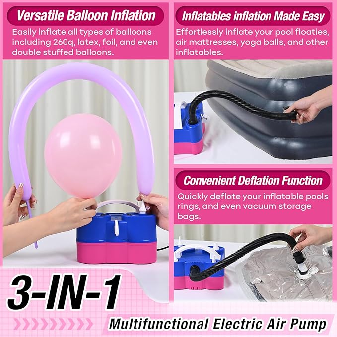 3-in-1 Electric Balloon Pump, Portable Air Pump for Latex 260q Foil Balloons, Dual Nozzle Balloon Blower Machine for Party Decoration, 110V AC Inflator Deflator for Inflatables Pool Floats Mattress