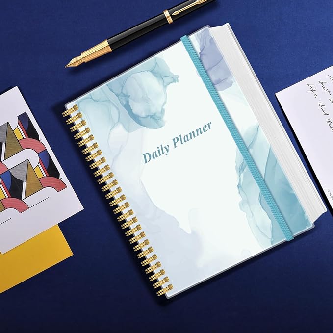Daily Planner Undated - 8.5" x 11" To Do List Notebook Hourly Schedules, 150 Sheets/300 Pages Spiral Appointment Planner for Women and Men,PVC Hardcover, Inner Pocket, Elastic Closure, Teal Flowers