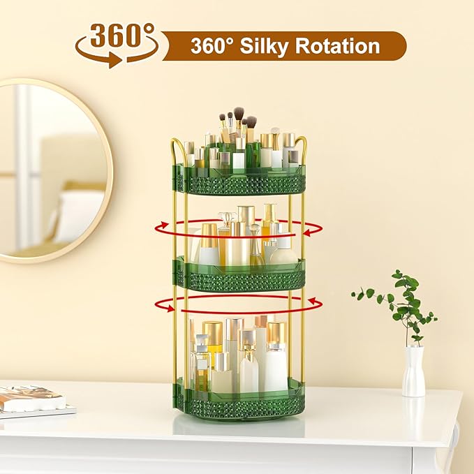 Rotating Makeup Organizer for Vanity 3 Tier, Perfume Organizer with Makeup Brush Holder, Large Capacity Cosmetics Clear Skincare Organizer for Countertop (Green)