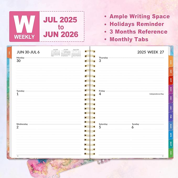 SUNEE Academic Planner 2025-2026 Weekly and Monthly - from July 2025 to June 2026, 6.4"x8.3" School Year Calendar Daily Planner with Monthly Tab, Flexible Cover, Note Pages, Spiral Binding, Marble