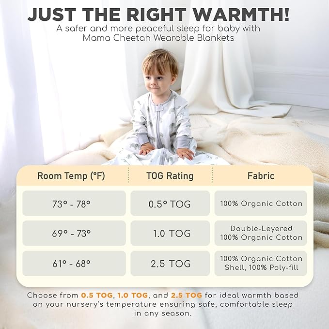 Mama Cheetah Baby Sleep Sack with Sleeves, 0.5 TOG Organic Cotton Wearable Blanket and Two-Way Zipper, Swaddle Transition Long Sleeve Sleeping Bag for Newborn Infant Toddler, 0-6 Months