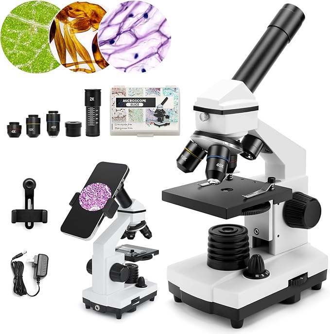 Microscope for Adults Kids, Dcorn 100X-2000X Powerful Biological Microscopes for School, Home, and Lab Use, Includes Microscope Slides Set and Phone Adapter.