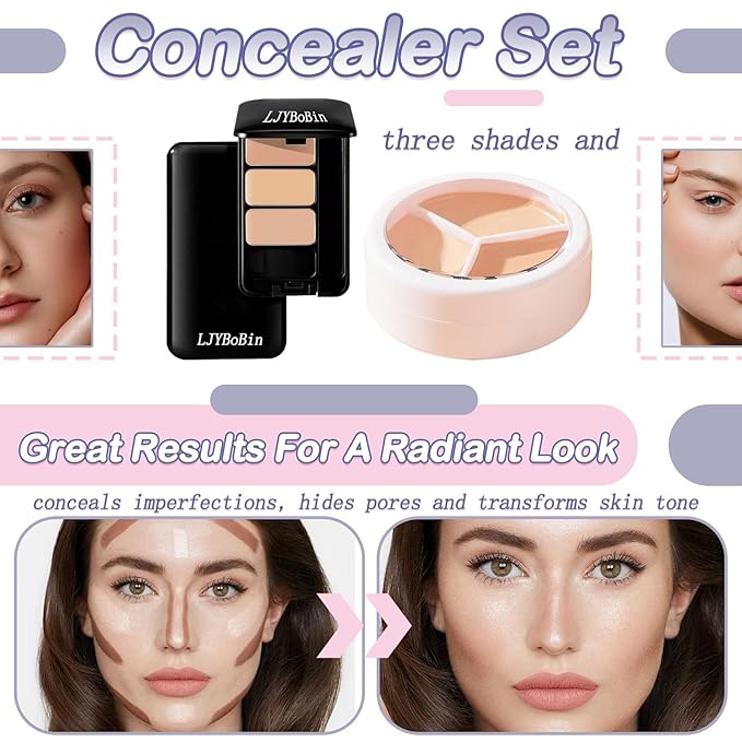 2PCS Tri Color Corrector Face Concealer Palette Set with Brush,Moisturizing Long Lasting Waterproof Color Correcting Concealer Full Coverage Cream Contour Foundation Makeup Palette Kit