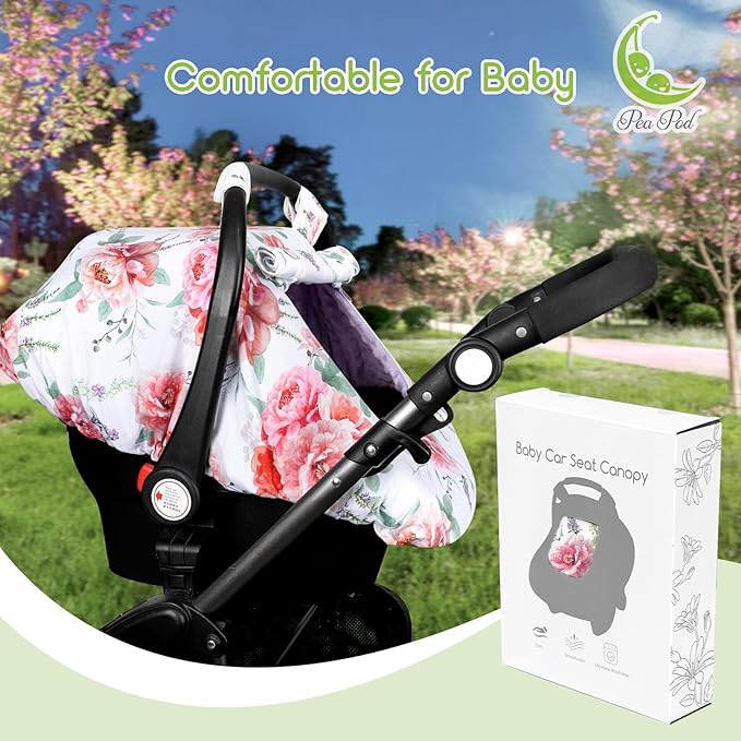 Baby Carseat Cover Girls, Pea Pod Floral Infant Car Seat Covers Canopy for Newborn with 2 Layers Windows of Breathable Mesh/Fabric, Lightweight Polyester/Minky Dot Backing, Snug Fit Most Baby Car Seat