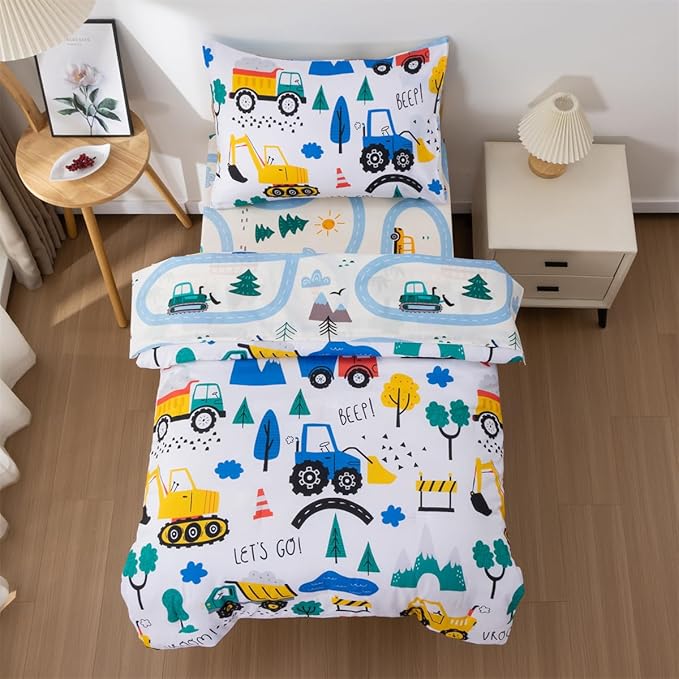 NTBED 4 Pieces Construction Toddler Bedding Set for Baby Boys,Tree Truck Vehicles Excavator Cars Printed, Includes Comforter, Flat Sheet, Fitted Sheet and Pillowcase,Blue