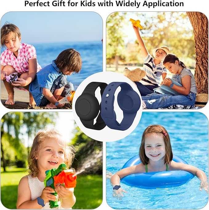 2 Pack Waterproof Airtag Wristband Kids - Anti-Lost Silicone Airtag Holder Cases for Toddler - GPS Tracker Watch Band (Black+Blue)