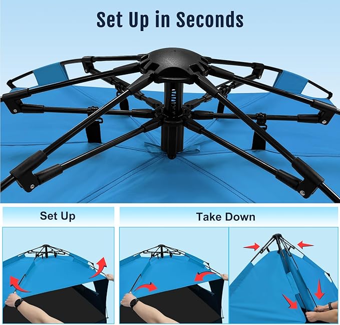 WhiteFang Deluxe Pop Up Beach Tent Sun Shade Shelter for 3-4/5-6 Person, UV Protection, Extendable Floor with 3 Ventilating Windows Plus Carrying Bag, Stakes, and Guy Lines