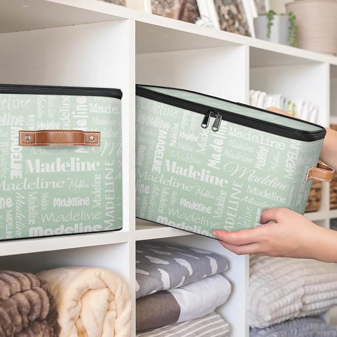 Custom Storage Basket with Name, Personalized Storage Bins with Zipper Lid, Foldable Fabric Storage Box Large capacity with Handle Green