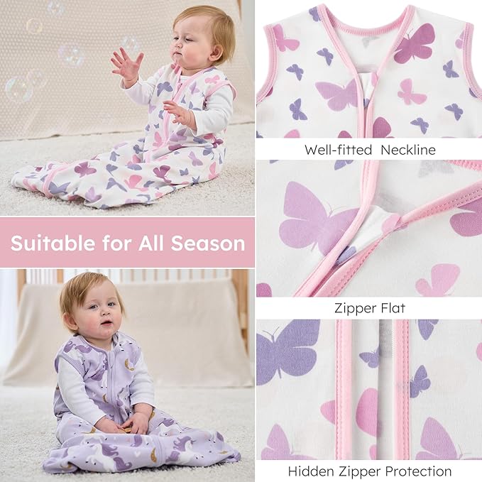 Yoofoss Baby Sleep Sack 6-12 Months Baby Wearable Blanket 100% Cotton 2-Way Zipper TOG 0.5 Toddler Sleeping Sack 3 Pack, Lightweight Sleep Sacks for Babies(Medium)