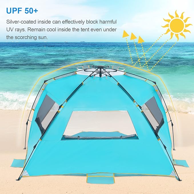 WolfWise 4-5 Person Easy Up Beach Tent UPF 50+ Portable Instant Sun Shelter Canopy Umbrella with Extended Zippered Porch, Blue