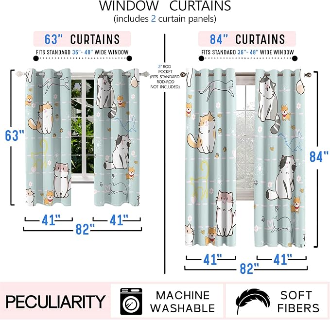 Lovely Cat Blackout Curtains 2 Panels 63" Inch Drapes for Kids Nursery Bedroom Kids Blackout Curtains Animal Themed Grommet Top Thermal Insulated Curtains for Nursery, 82 in x 63 in