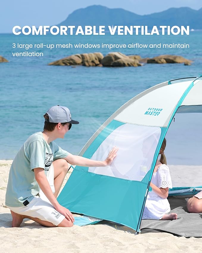 OutdoorMaster Beach Tent for 3/4 Person - Easy Setup Sun Shade Shelter, Portable Beach Shade Sun Canopy with UPF 50+ UV Protection, Removable Skylight Family Size