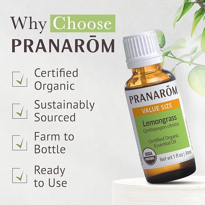Pranarom USDA Certified Organic Lemongrass Essential Oil (30ml), 100% Pure Undiluted Therapeutic Grade from India for Aromatherapy, Diffuser, Meditation, Massage, Relaxation, Citrus - Lemon