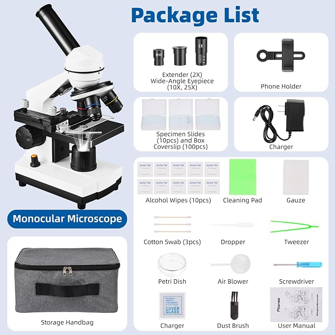 Microscope for Adults Kids,40X-2000X Monocular Microscope Kit for Home School Lab, 2 LED Lights & 5 Colors Kids Microscope with Phone Holder,10 Specimen Slides,20 Slides,100 Coverslips, Bag