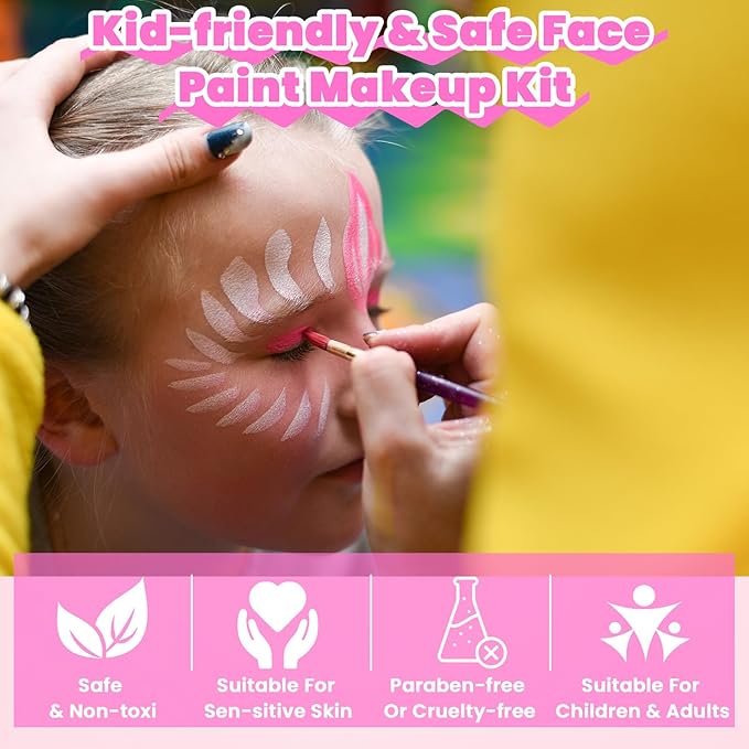 42 Color Face Painting Kit for Kids - Water Based, Non Toxic Face paint palette with Art Brushes, Stencils, Gems - For Halloween, Carnival, Costume Makeup, Parties & Cosplay