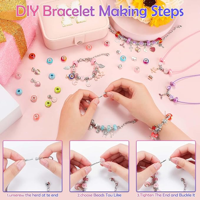 Kids Bracelet Making Kit with Jewelry Box for Girls Charm Beads for Jewelry Making Kit DIY Bracelet Craft Kit for Teen Girls Age 8-12 Kids Toy Birthday Valentine Gifts Christmas