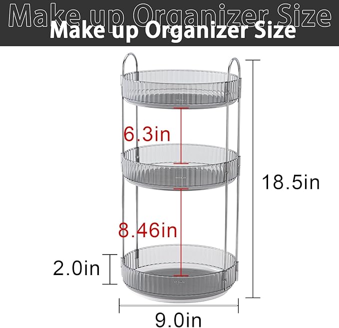 Rotating Makeup Organizer for Vanity, High-Capacity Skincare Clear Make Up Storage Perfume Organizers Cosmetic Dresser Organizer Countertop 360 Spinning (Gray, 3 Tier)
