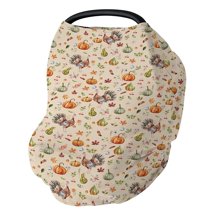 Thanksgiving Turkey Pumpkins Car Seat Covers Vintage Autumn Leaves Stretchy 5-in-1 Cover Adjustable Infant Carseat Cover Canopy Fall Harvest Breathable Nursing Cover-Up