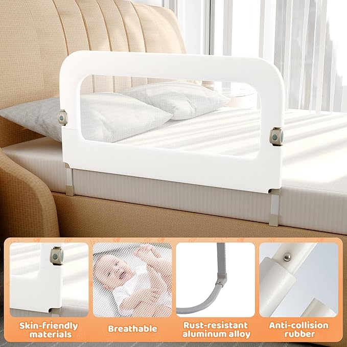 Bed Guard Rail for Toddlers - 47inch Foldable & Adjustable Height Baby Bed Safety Side Rails - Large Toddler Crib Railing Guard for Twin, Bunk, Full Size, Queen & King, Full Size Bed