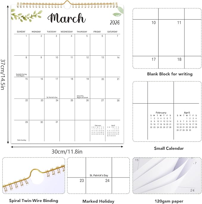 Wall Calendar 2026-2027, 18 Month Calendar from January 2026 to June 2027 14.5" x 11.8" Large Desk Calendar with Twin-Wire Binding for Home Office Planning Personal Organisers, Green Leaf