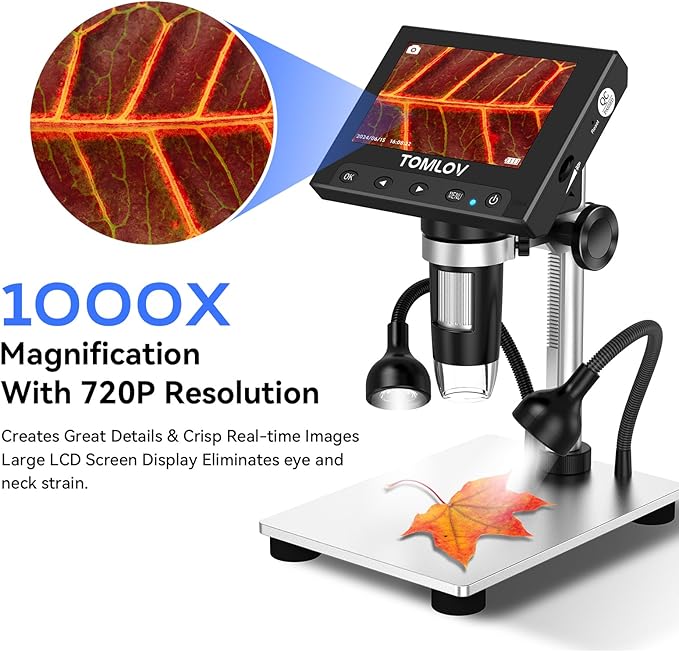 TOMLOV 1000X Coin Microscope with 4.3" Screen, Digital Microscope Magnifier with LED Lights, Metal Stand, PC View, Photo/Video, 32GB SD Card, Windows, macOS Compatible, DM4S