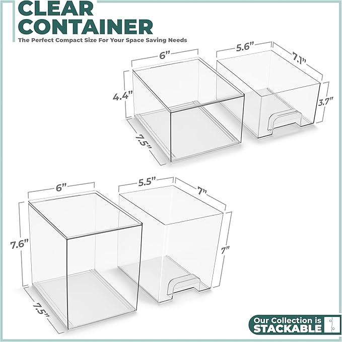 Sorbus Acrylic Storage Containers - 2 Pack, Stackable Storage Bins Set for Bathroom Organization - Clear Acrylic Drawer Organizers - Makeup Case Pull-Out Drawers (7.6’’ and 4.4’’ Tall)
