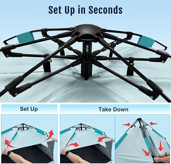 WhiteFang Deluxe Pop Up Beach Tent Sun Shade Shelter for 3-4/5-6 Person, UV Protection, Extendable Floor with 3 Ventilating Windows Plus Carrying Bag, Stakes, and Guy Lines