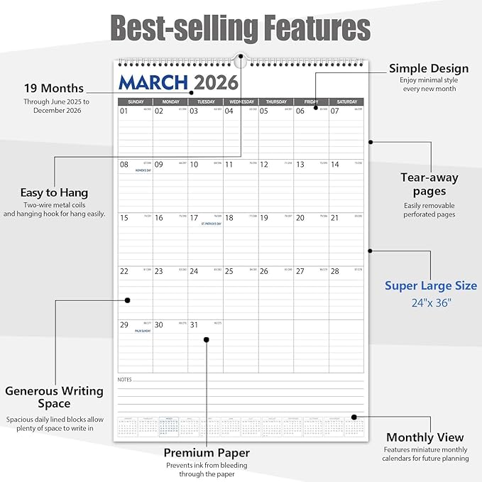 GuassLee Extra Large Wall Calendar 2025, 36"x 24" Jumbo Vertical Wall Planner 2025-2026 from June 2025 to December 2026,19 Months with Julian Dates and Notes for Office School Home Teacher Planning